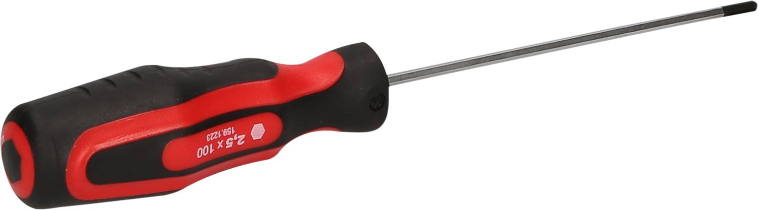 Een schroevendraaier met een zwarte en rode handgreep en een sleufkop.