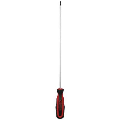 Een kruiskop schroevendraaier met een lange, zilveren steel en een rood, ergonomisch handvat.