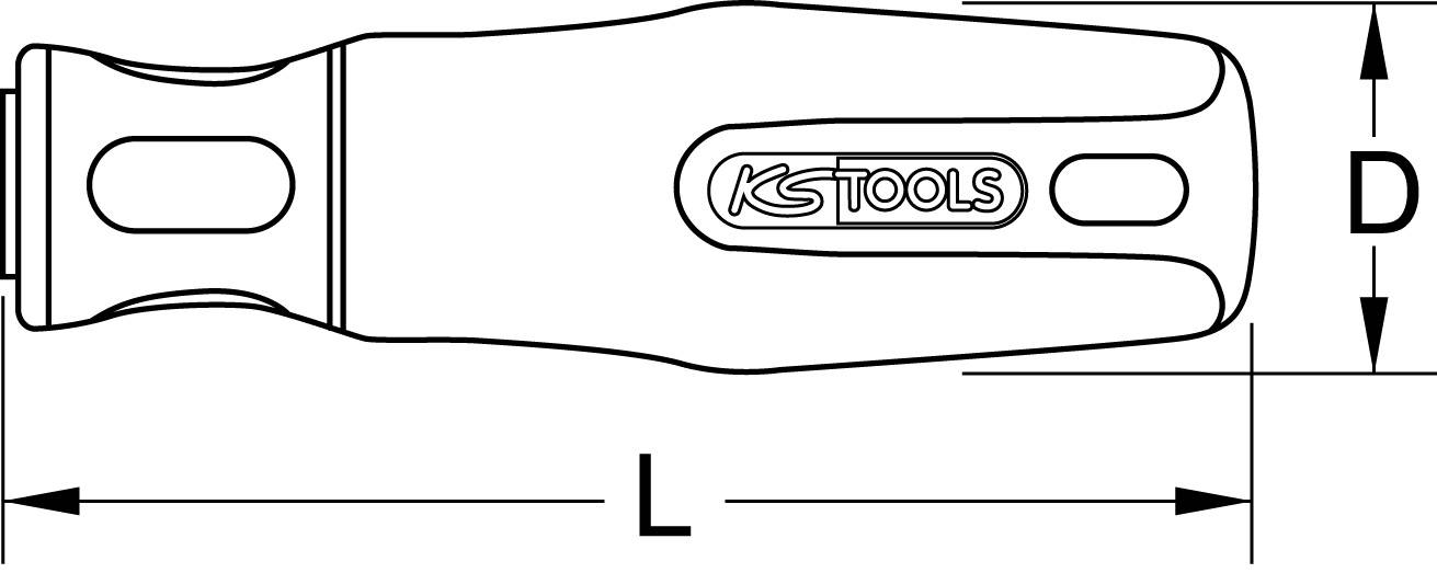 Technische tekening van een schroevendraaiergreep met de afmetingen L voor lengte en D voor greepdiameter, gemarkeerd met 'KS TOOLS'.