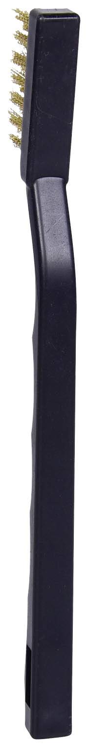 Zwarte reinigingsborstel met messing borstels, gezien van opzij. Geschikt voor het reinigen van metalen oppervlakken of moeilijk bereikbare plekken.