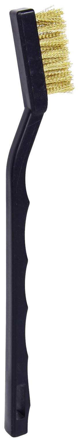 Zwarte staalborstel met een kunststof handvat en gouden borstelharen, gebruikt voor het reinigen van oppervlakken.