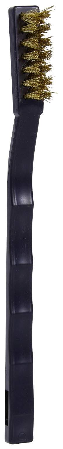 Zwarte reinigingsborstel met messing-kleurige borstelharen, geschikt voor het reinigen van metalen of moeilijk bereikbare oppervlakken.