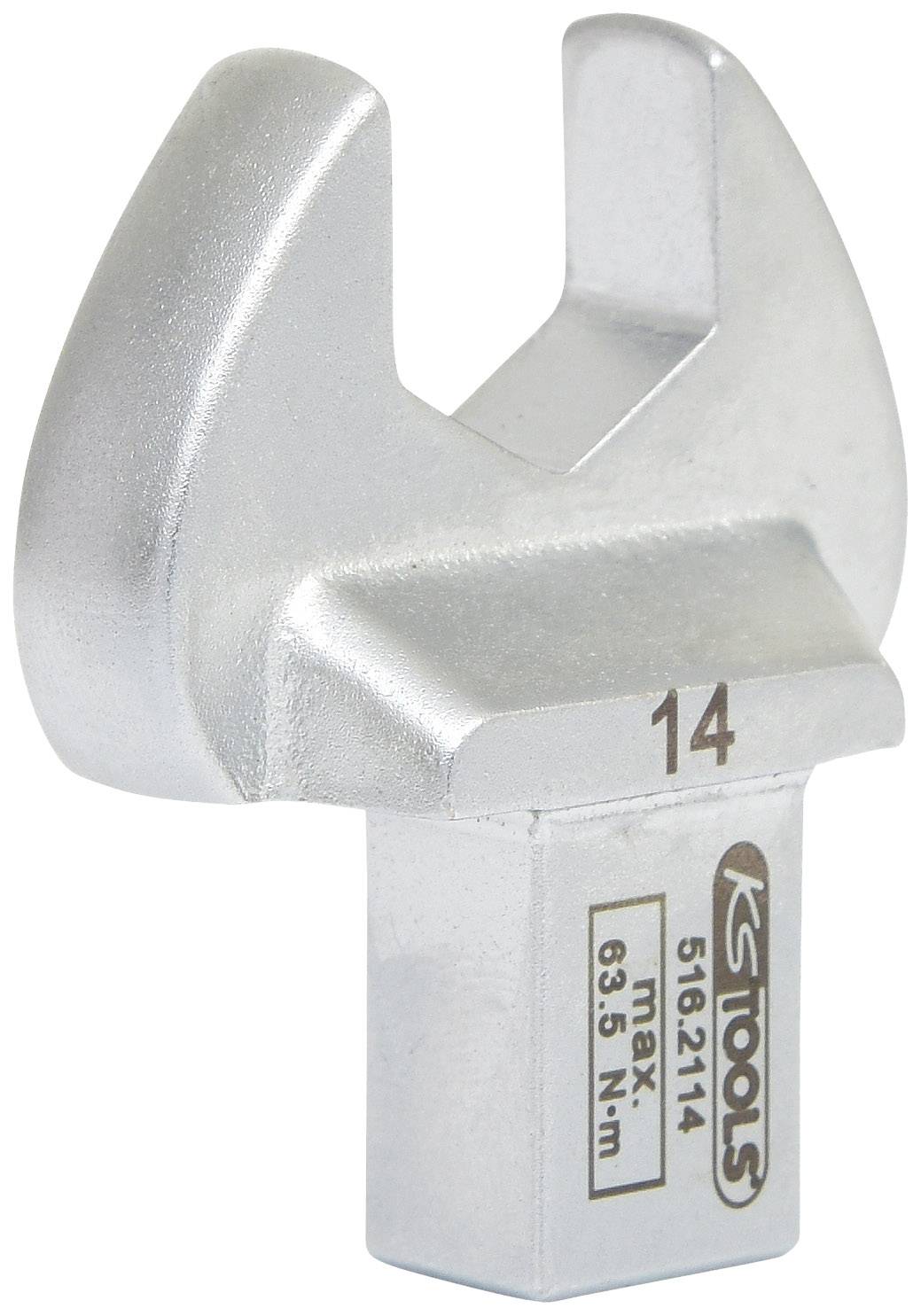 Zilveren moersleutelkop met de opdruk 'KG TOOLS 14'. Maximale belasting 63,5 Nm. Bedoeld voor precisiewerkzaamheden.