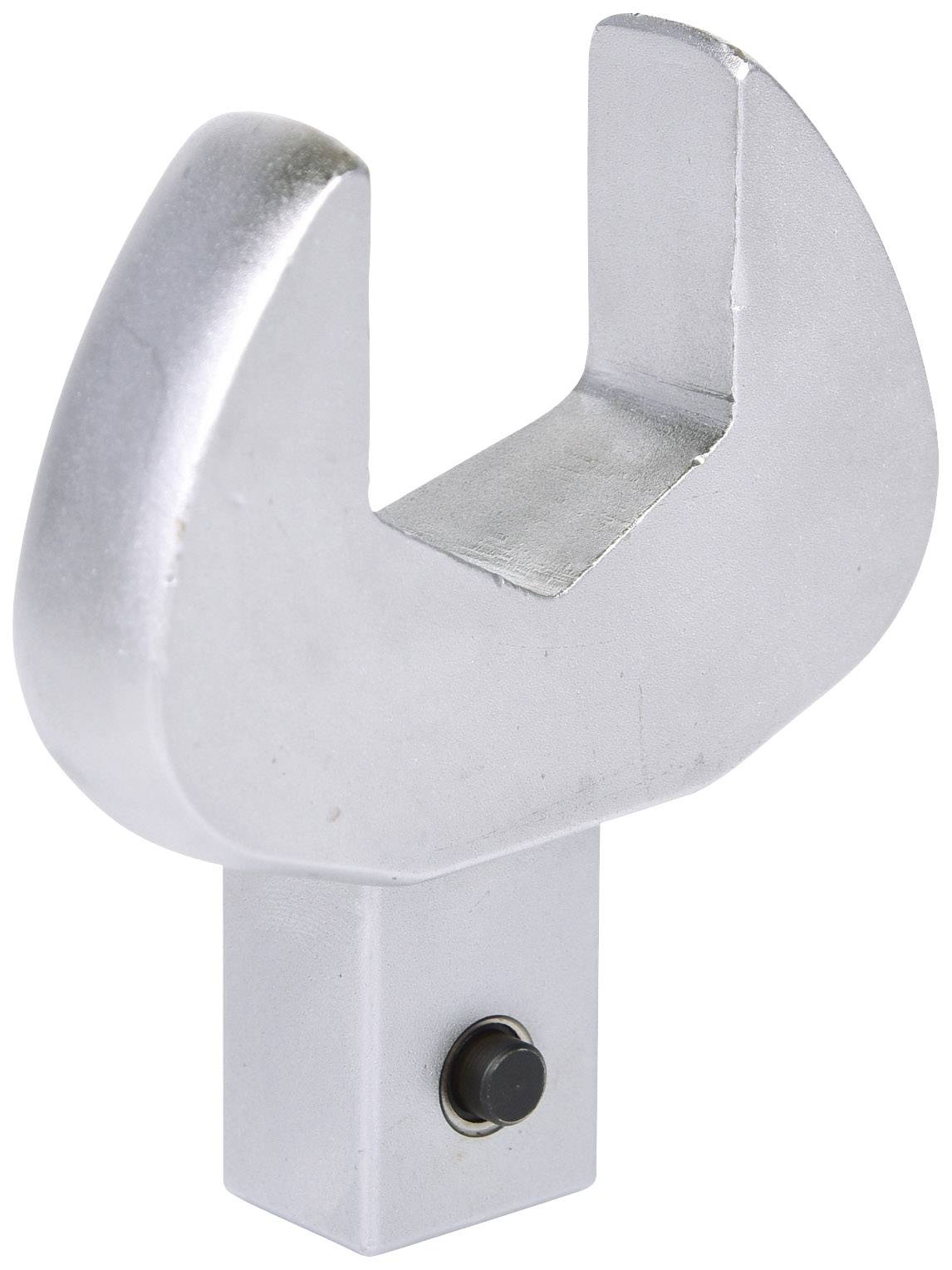 Zilveren, U-vormige dopsleutelopzetstuk met vierkante voet en zwarte knop, gebruikt voor het vastdraaien van schroeven.