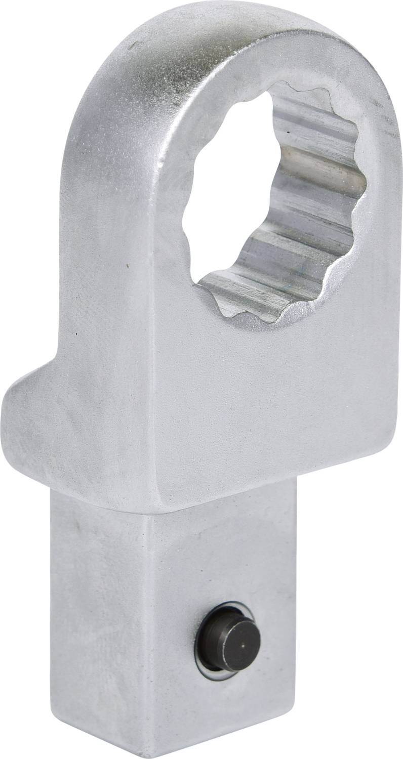 Een metalen gereedschap met een gebogen, getande opening bovenaan en een rechthoekige handgreep met een ronde drukknop onderaan.
