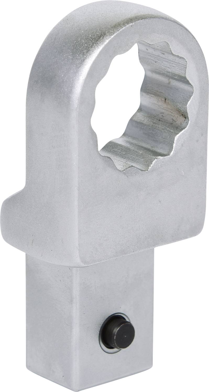 Metalen, tandwiel-achtig gereedschap met handvat, mogelijk een sleutel of adapter voor speciale schroeven of moeren, vervaardigd uit geborsteld staal.