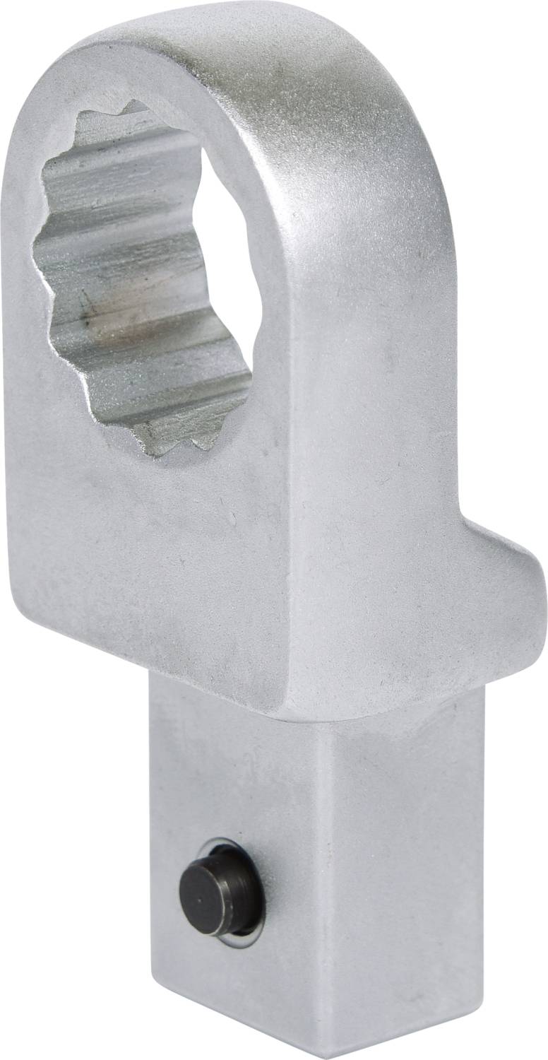 Een zilveren metalen gereedschap met een gegroefde, halfronde kop. Het heeft een vierkante steel met een kleine pin aan de basis.