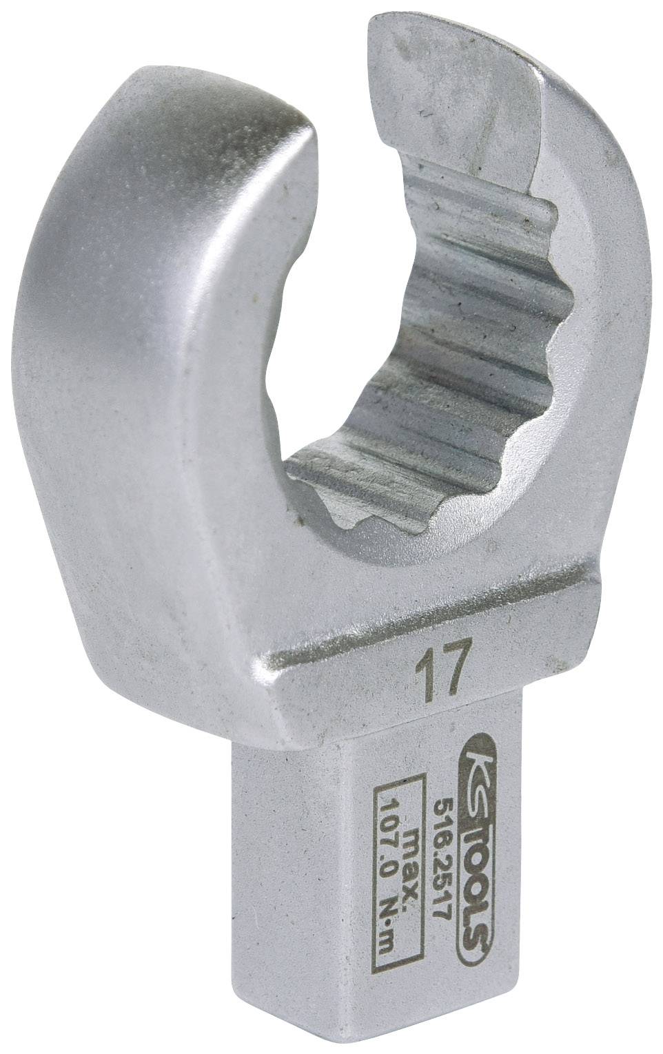 Open ringsleutel met 17 mm maat, zilverkleurig; voor moeilijk bereikbare plaatsen, toont bedrijfslogo en modelnummer.