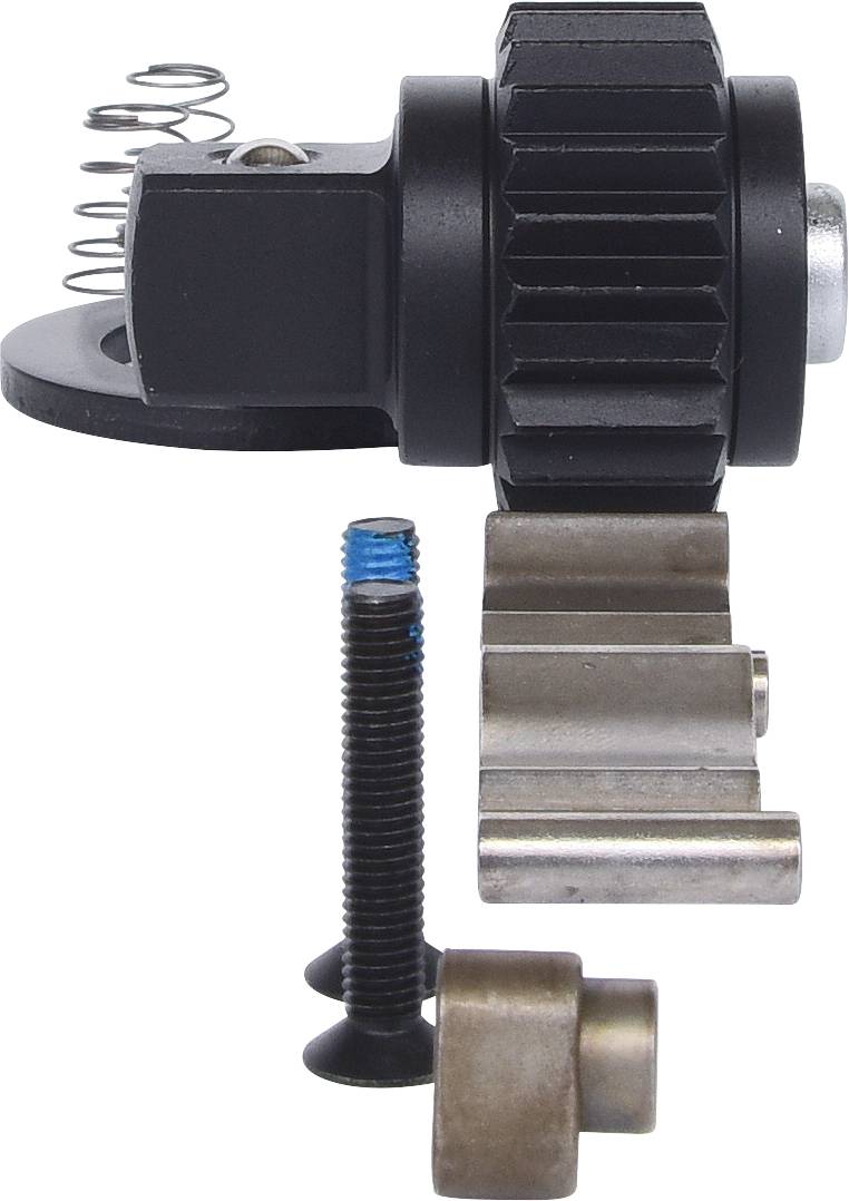 Een set mechanische onderdelen, inclusief schroef, veer en tandwiel, samen gerangschikt op een witte achtergrond.