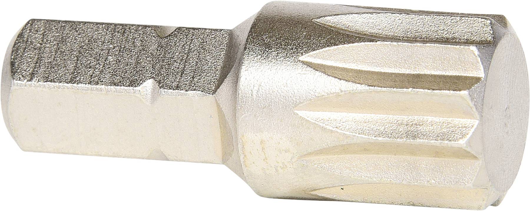 Metalen steeksleutel met een geribbeld oppervlak, zeskantaansluiting en cilindrische kop. Geschikt voor schroeftoepassingen.