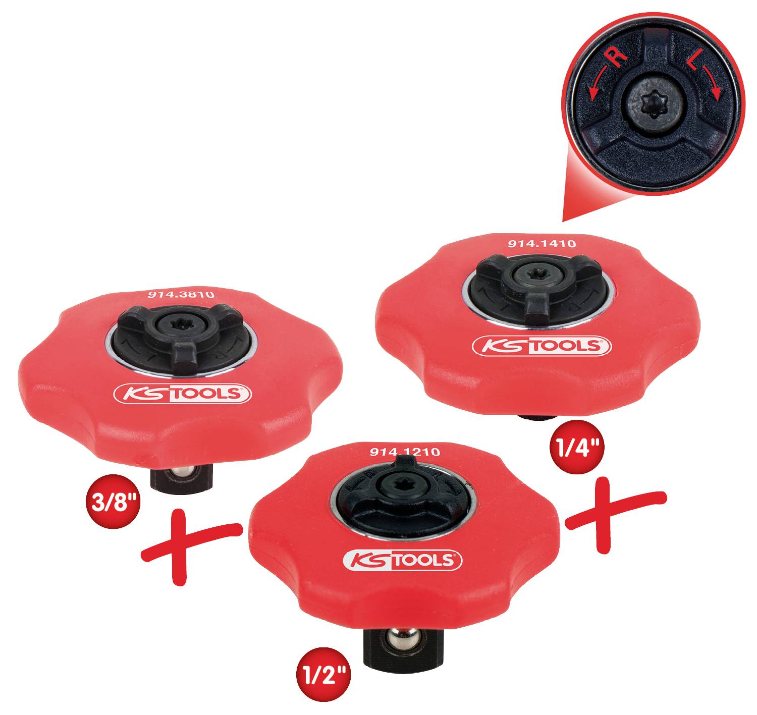 Drie rode dopsleutels van KStools in verschillende maten: 3/8", 1/2" en 1/4". In detail de draairichting R/L.