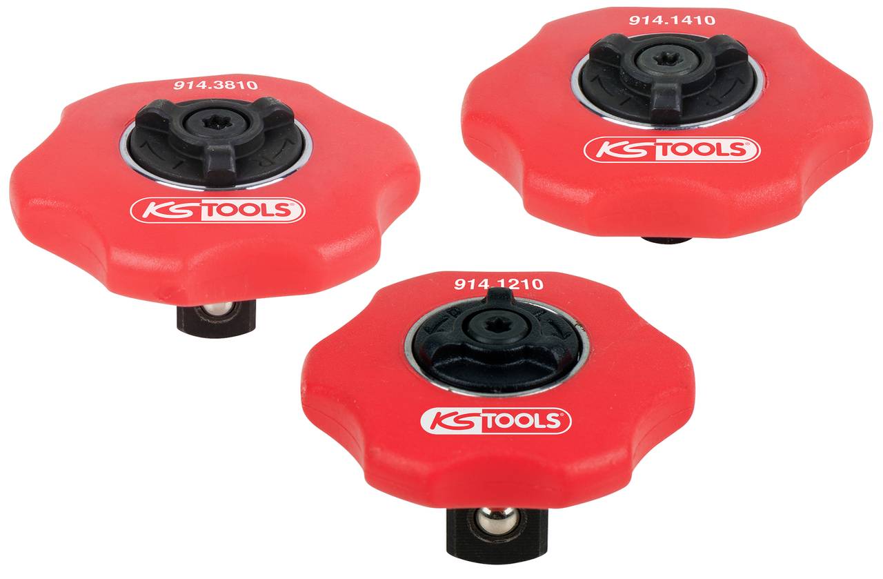 Drie rode gereedschapskappen met zwarte draaimechanismen en het logo 'KS Tools'. Modellen: 914.3810, 914.1410, 914.1210.
