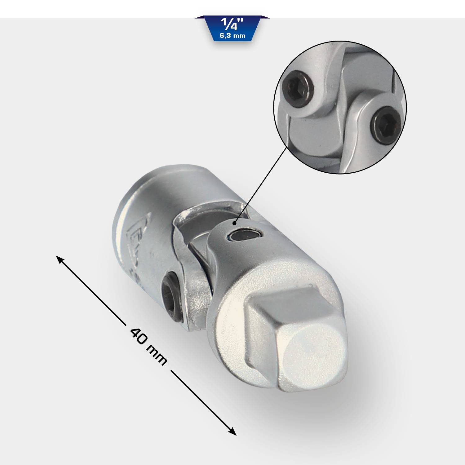 'Universeel scharnier met 1/4"-aandrijving en 40 mm lengte. Vervaardigd uit verchroomd materiaal met twee schroeven, detailaanzicht van een schroefverbinding.'