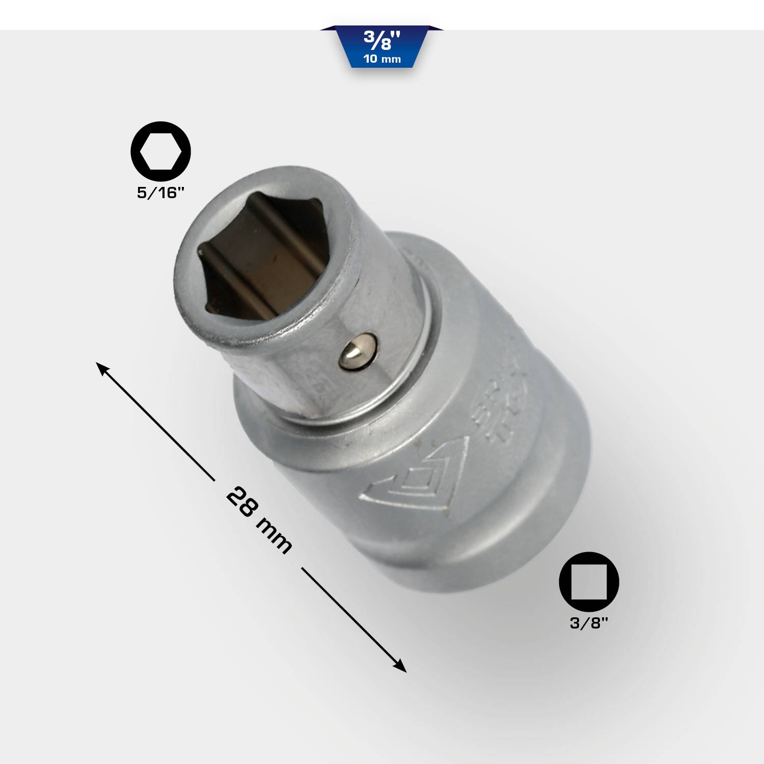 Afbeelding van een dopsleutel met 5/16 inch zeskant, 28 mm lengte en een 3/8 inch opening. Eenvoudige metalen oppervlakte.