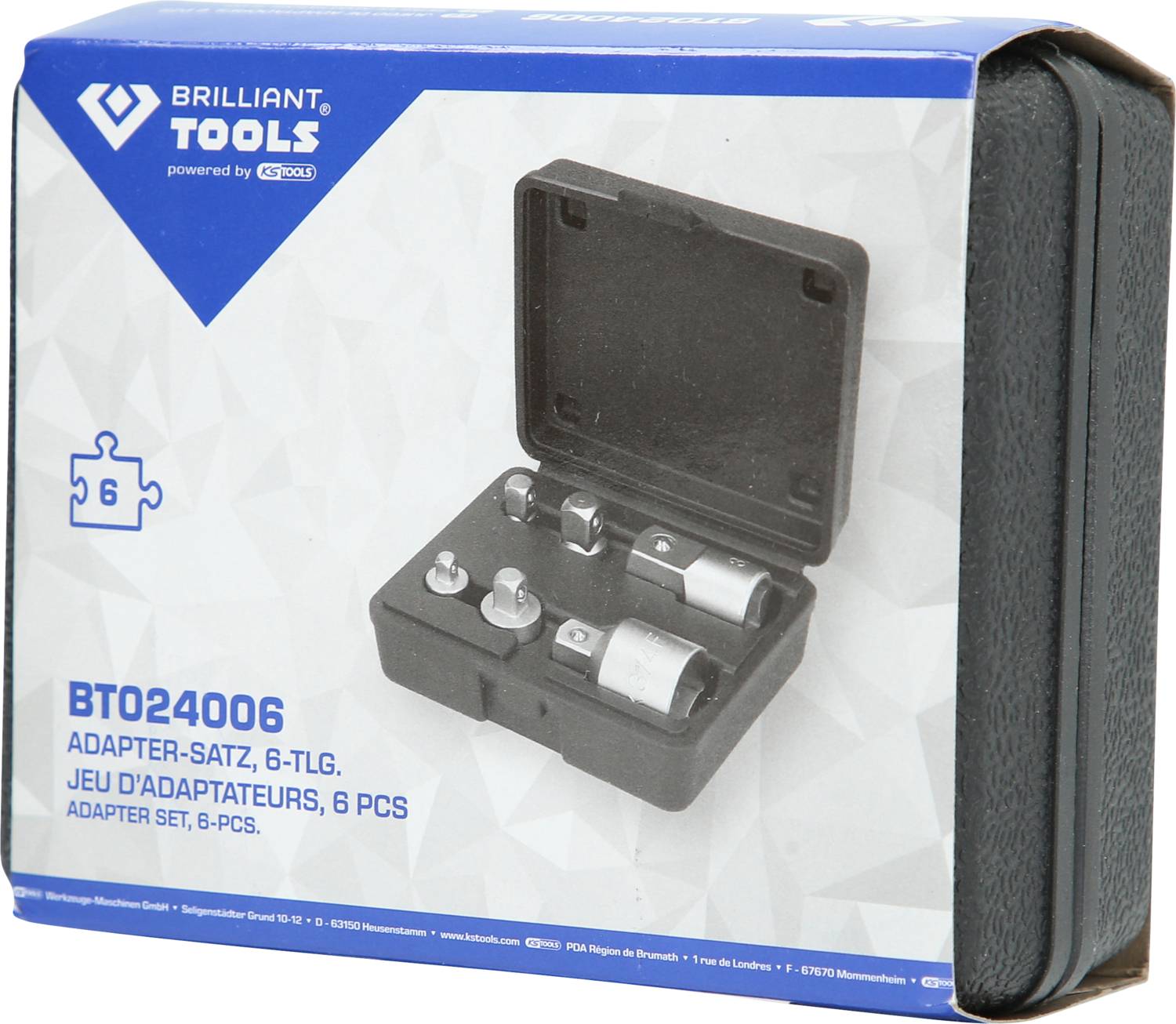 'Brilliant Tools Adapter-Set BT024006, 6-delig. Geopende doos toont verschillende adapterformaten. Verpakking ontworpen in blauw en wit.'
