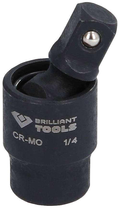 Een zwarte gewrichtsadapter met de opdruk 'BRILLIANT TOOLS CR-MO 1/4'.