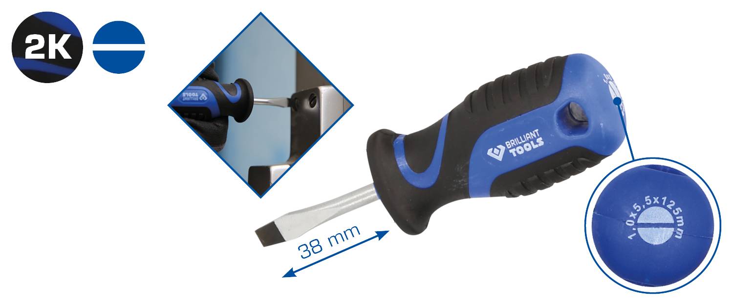 '2K schroevendraaier met ergonomische handgreep, meslengte 38 mm, sleufkop 5x1,0 mm, merk Brilliant Tools.'