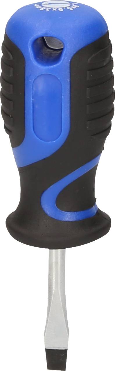 Een blauwe en zwarte schroevendraaier met een platte punt en ergonomische handgreep, ideaal voor het aandraaien of losdraaien van schroeven.