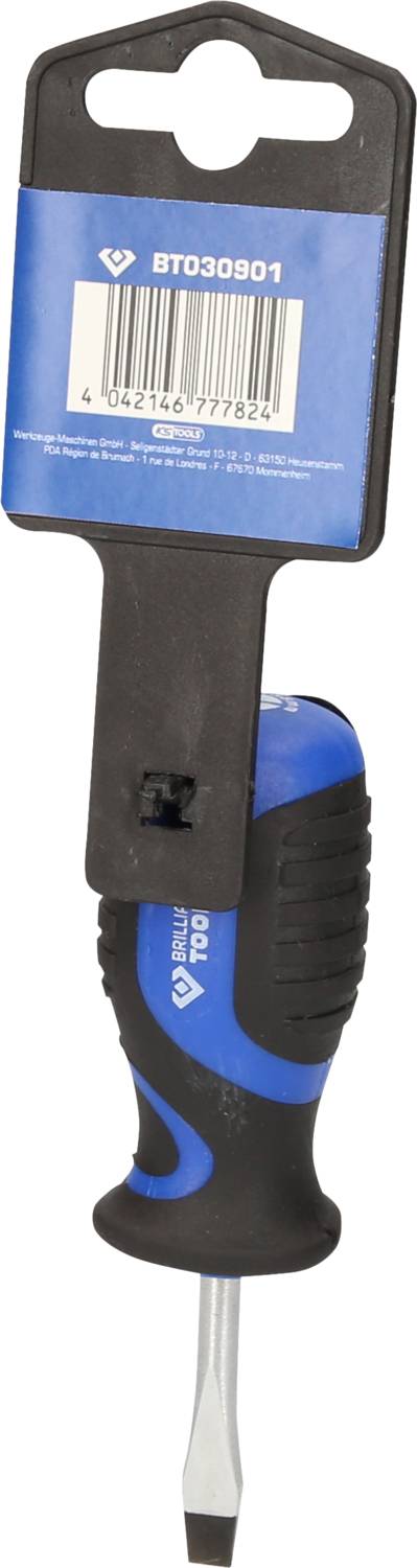 Een schroevendraaier met een blauwe handgreep, hangend aan een verpakking met een streepjescode aan de bovenkant.