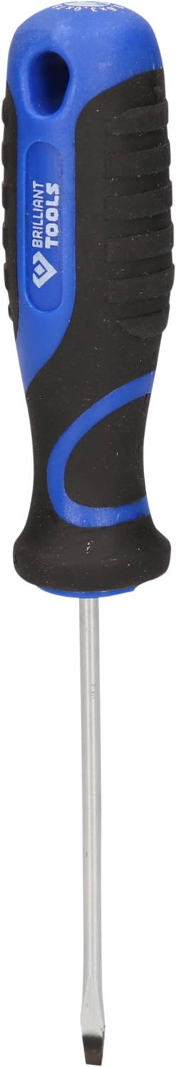 Schroevendraaier met een blauw-zwarte handgreep en zilveren lemmet, geschikt voor standaardschroeven.