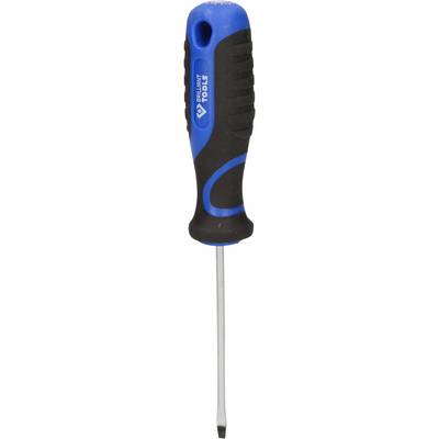Schroevendraaier met een blauw-zwarte handgreep en zilveren lemmet, geschikt voor standaardschroeven.