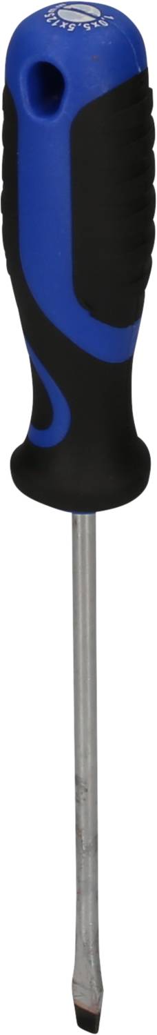Een blauwe en zwarte schroevendraaier met platte kop en ergonomische handgreep voor gemakkelijke grip en gebruik.