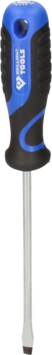 Een platte schroevendraaier met een blauw-zwarte handgreep en metalen steel, geschikt voor algemene schroefwerkzaamheden.
