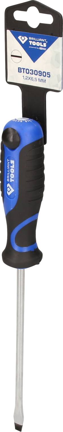 Een schroevendraaier met een blauw-zwarte greep en een platte punt. Verpakking verwijst naar maat M en productnummer BT020905.