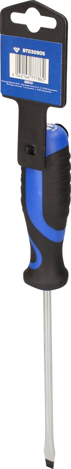 Een blauwe en zwarte schroevendraaier met een sleufkop, bevestigd aan een verpakking met streepjescode.