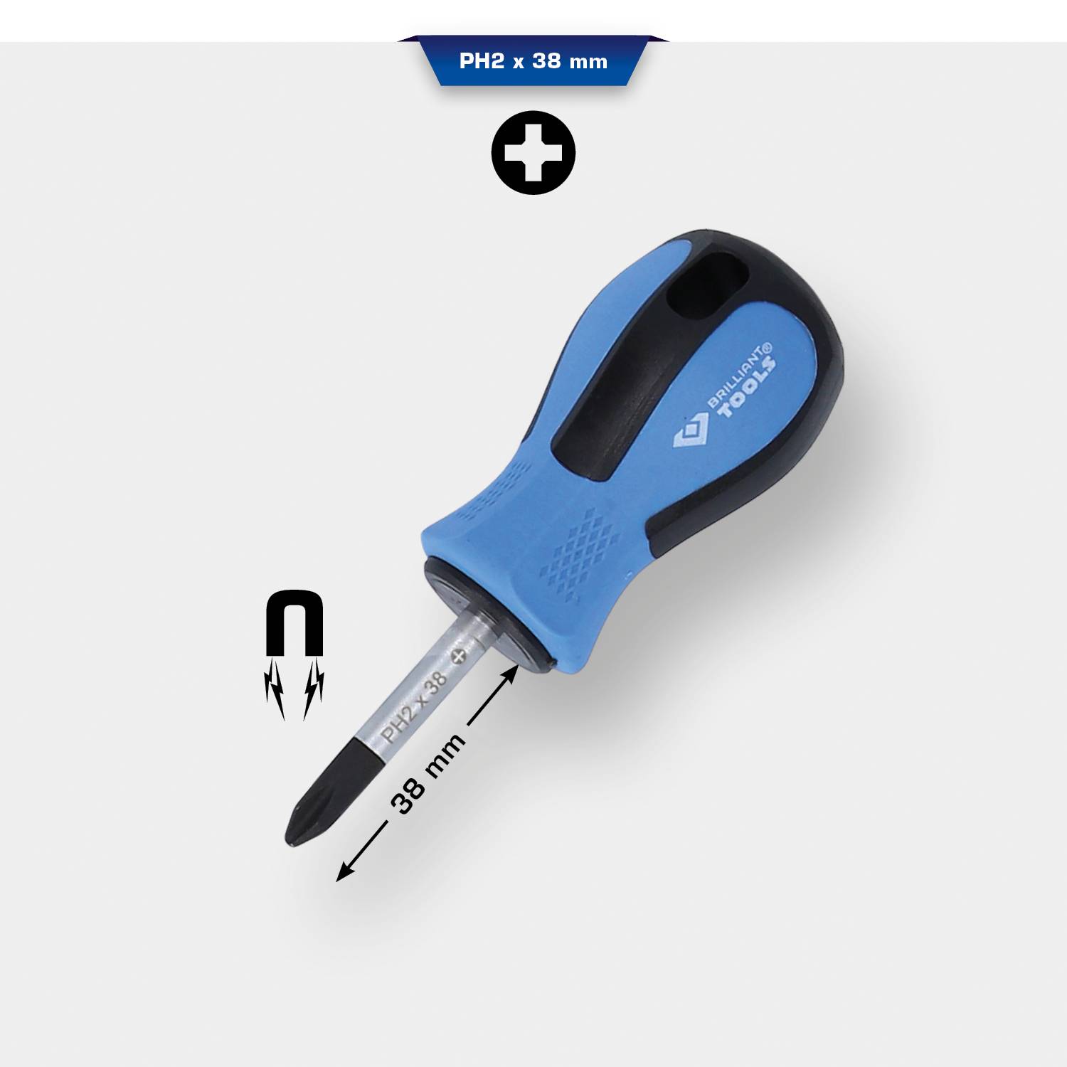 Een blauwe schroevendraaier met een zwarte punt, gemarkeerd met 'PH2 x 38 mm', toont een magneetfunctie door middel van een symbool.
