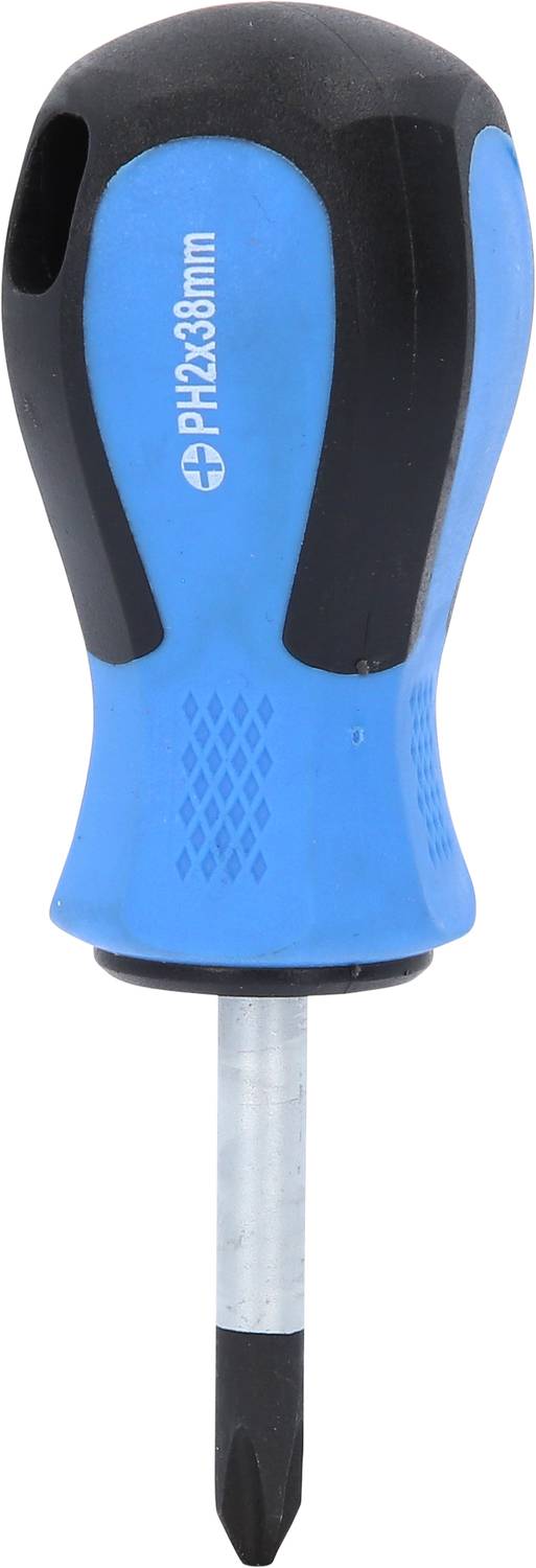 Een blauwe kruiskop schroevendraaier met een ergonomische handgreep en een korte metalen punt, geschikt voor precisiewerk.