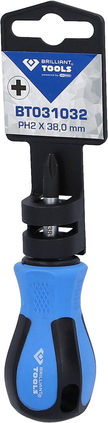 Een blauwe schroevendraaier met bitwissel-mechanisme. Tekst op etiket: 'BT031032 PH2 x 38,0 mm'.