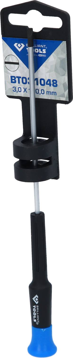 Schroevendraaier met zwarte handgreep en blauwe punt, lengte 100 mm, breedte 3 mm, opgehangen aan een zwarte houder.