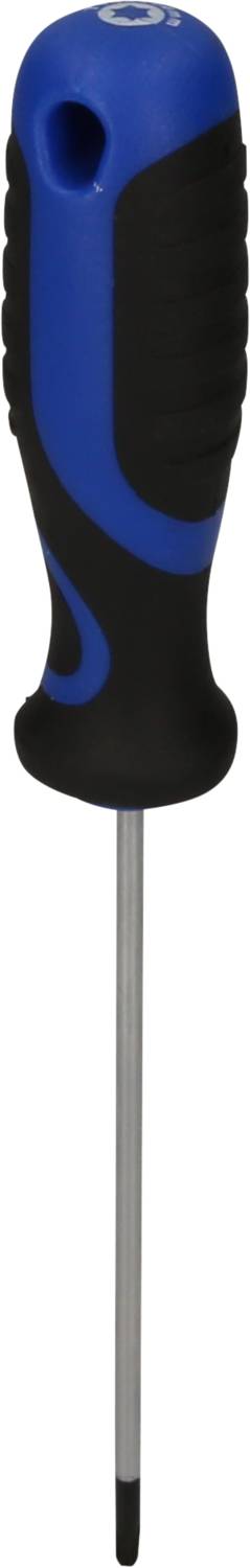 Blauwe en zwarte schroevendraaier met ergonomische handgreep en zilveren steel.