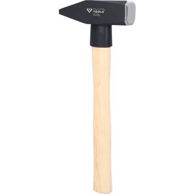 Een hamer met een houten steel en een zwarte kop. Op de kop staat de opdruk '1500g' en een logo.