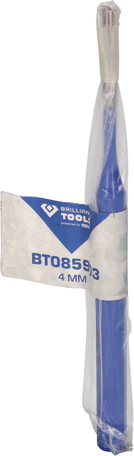 Verpakte blauwe gereedschapssleutel van 'Brilliant Tools', modelnummer BT08593, 4 mm.