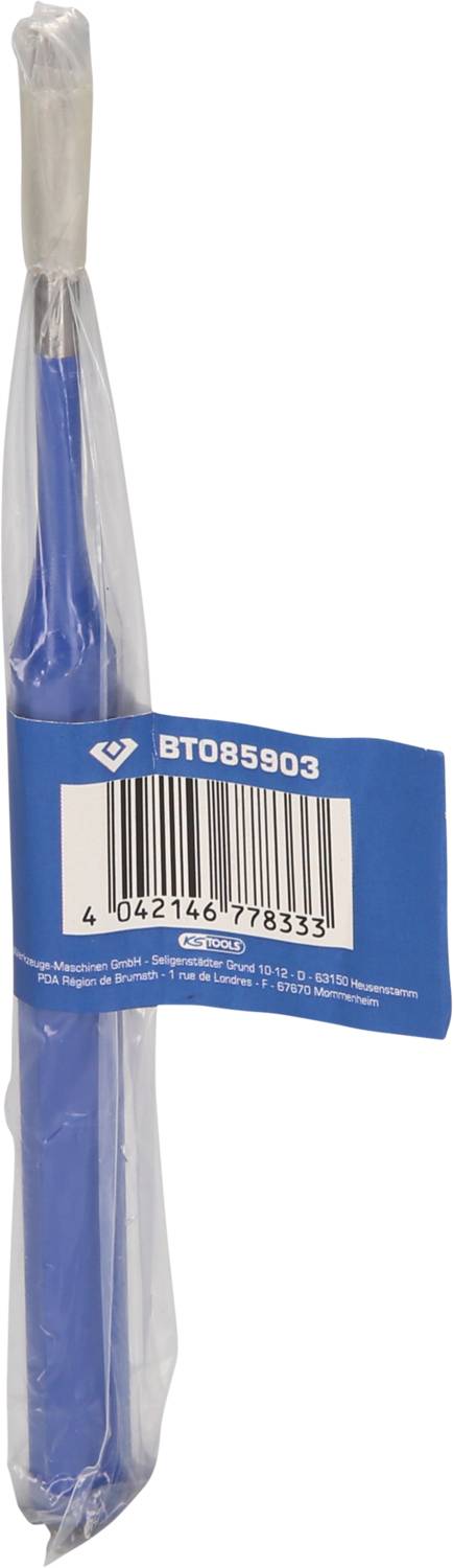 Een blauwe tandenborstelkop in een plastic verpakking met een streepjescode.