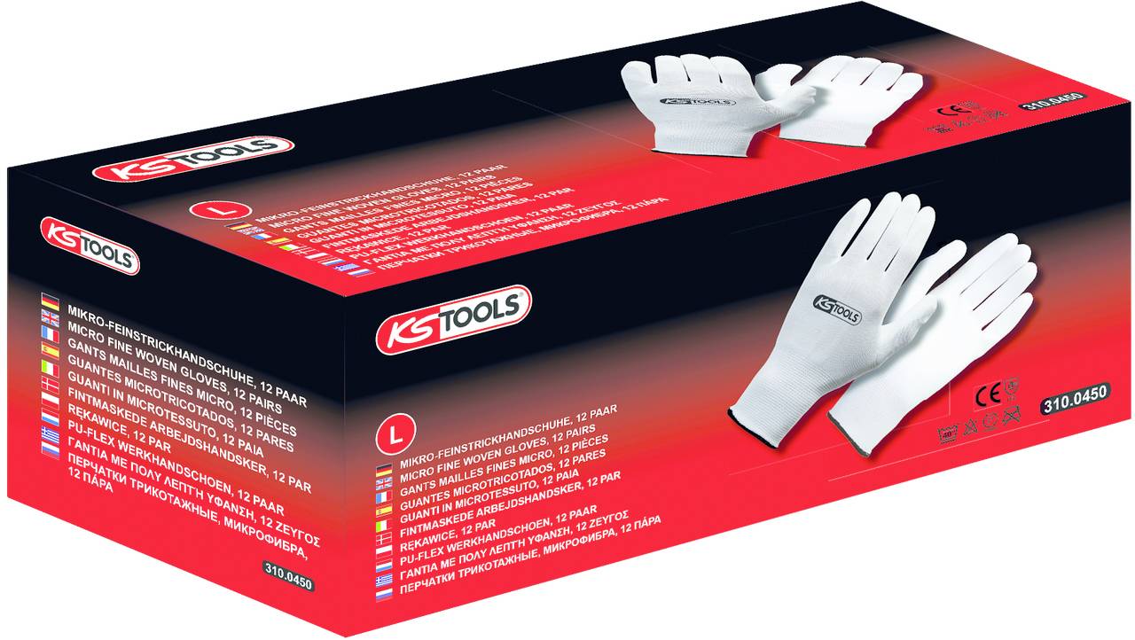 Een rode verpakking van KS Tools met witte werkhandschoenen, maat L. De verpakking toont handschoenen en productinformatie in meerdere talen.