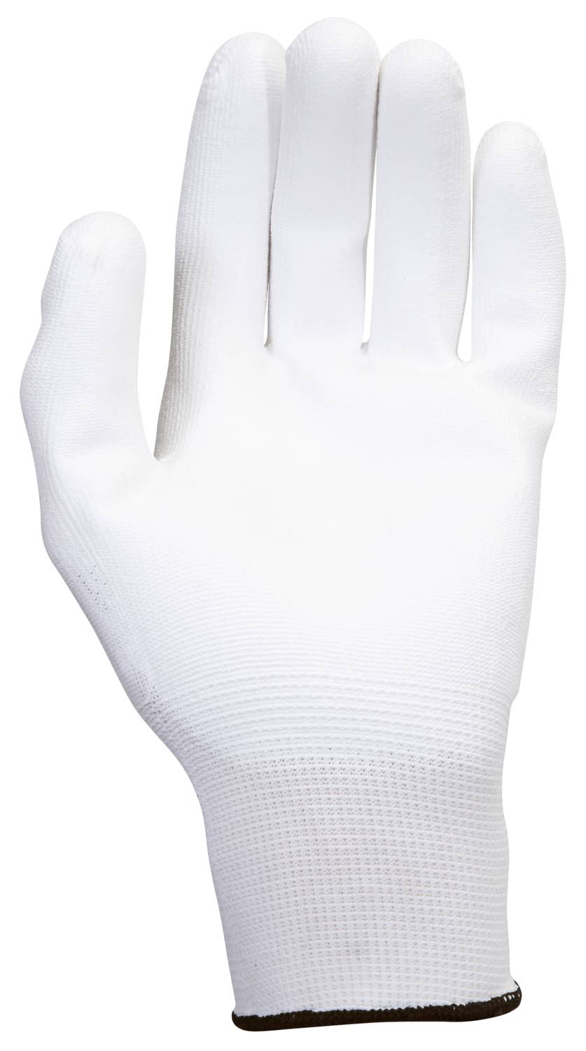 Een witte beschermende stoffen handschoen, volledig zichtbaar, op een witte achtergrond.