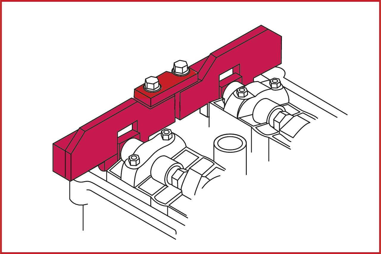 Technische tekening van een motor met een rode, rechthoekige afdekking die met schroeven is bevestigd. Toont onderdelen en configuratie.