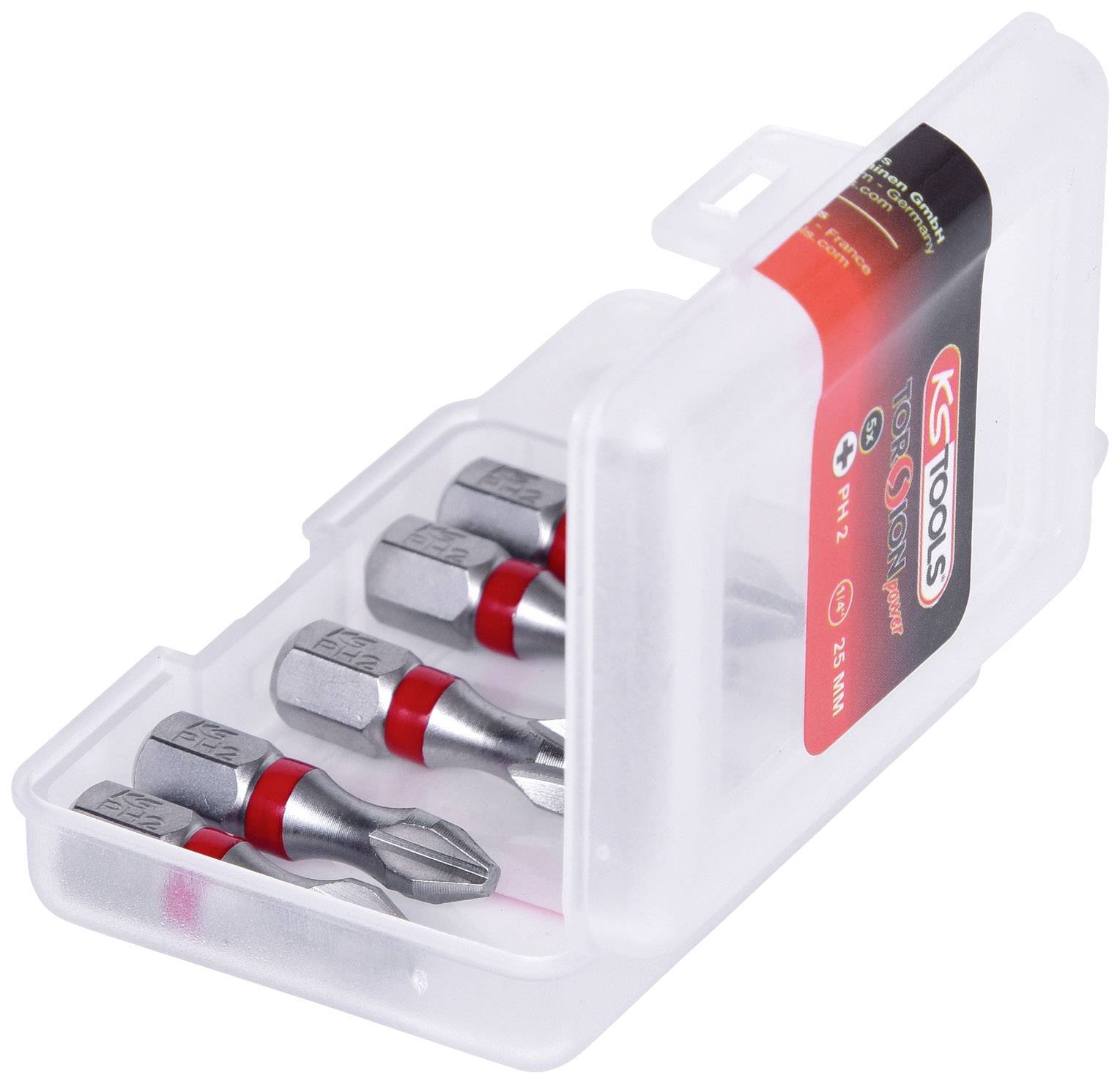 Een transparante kunststof etui bevat vijf bits met een rood-zilver ontwerp. De verpakking draagt het logo en het merk van een gereedschapsfabrikant.