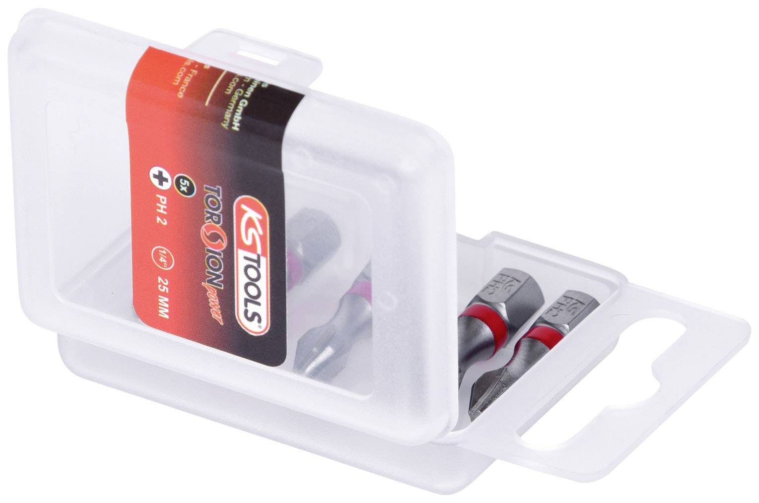Een transparante kunststof doos met 'KS Tools' bits. De doos is licht geopend en toont twee bits met een rode accent.