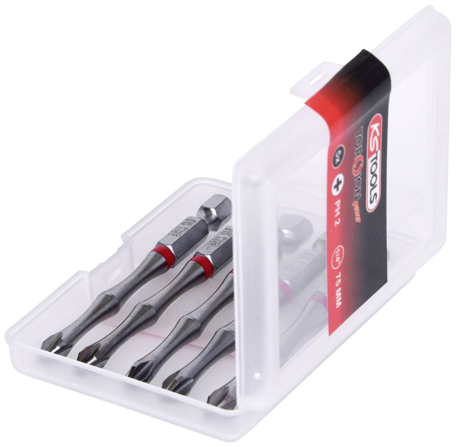 Een set van vier schroevendraaier-bits in een transparante kunststof doos van 'KS Tools', geschikt voor verschillende schroefkoppen.