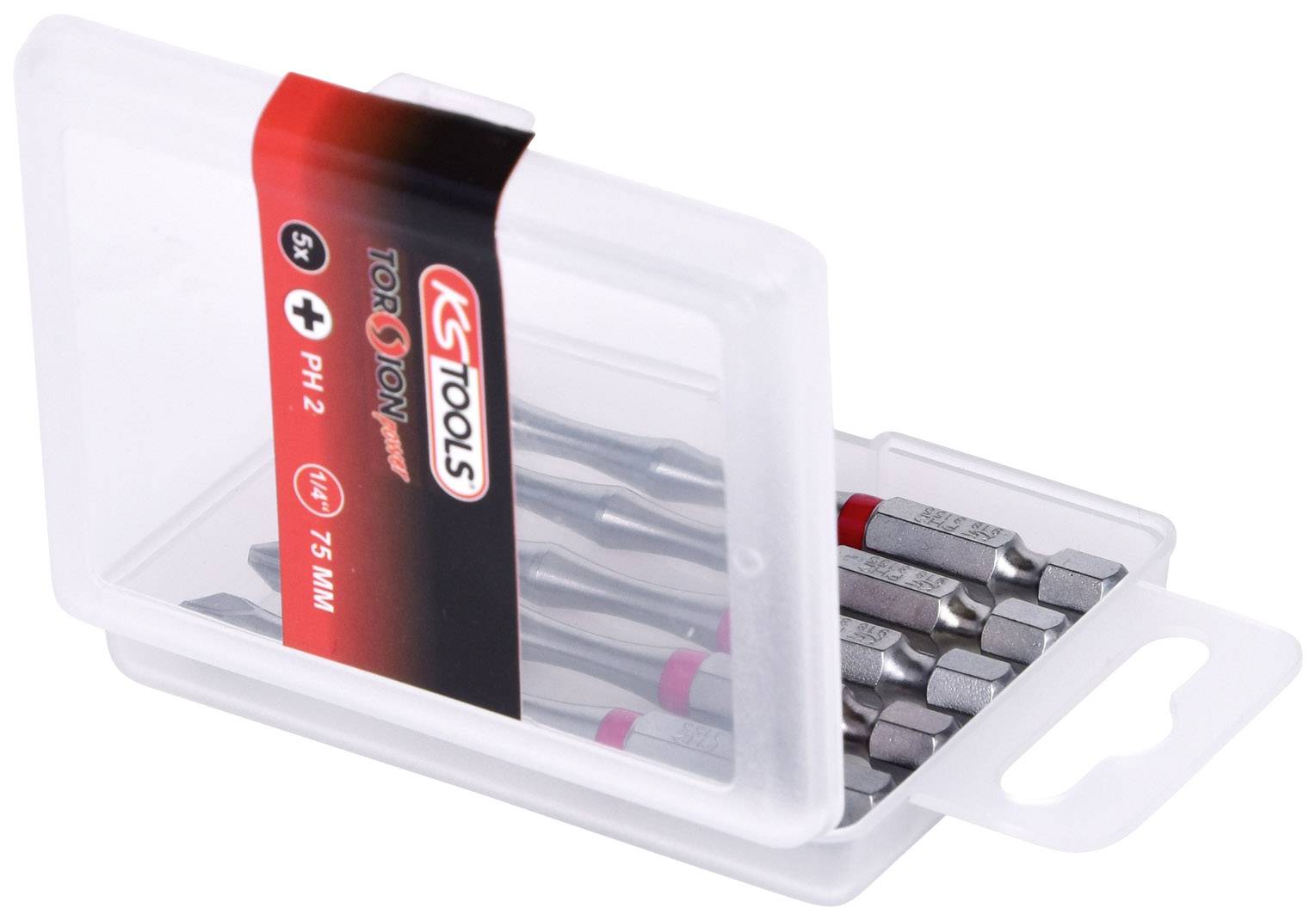 Een transparant kunststof etui met meerdere schroevendraaierbits van het merk KS Tools, model 'TORXION', lengte 75 mm.