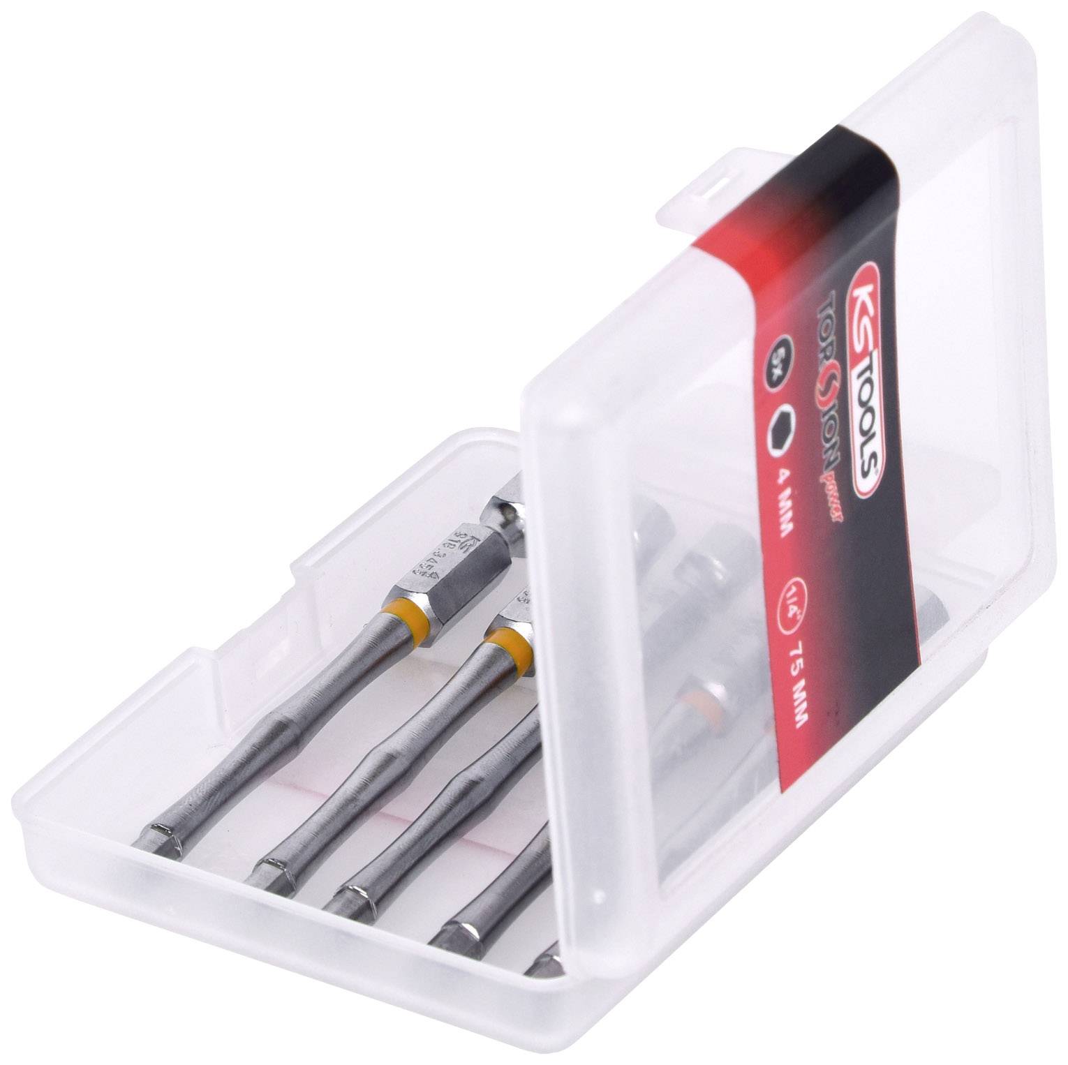 Een geopende plastic doos bevat vier schroevendraaier-bits. De verpakking toont het logo 'KS Tools' en de maataanduidingen van de bits.