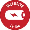 'Inclusief Li-Ion' in witte tekst op een rode cirkel met een batterijsymbool in het midden, waarop het bliksemteken staat.