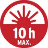 Rood symbool met zon en tekst '10 u MAX.', dat een maximale gebruiksduur van tien uur aangeeft.
