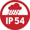 'IP 54'-symbool in een rode cirkel toont een wolk met regen. Betekent stof- en spatwaterdicht volgens IP-beschermingsgraadnormen.