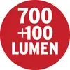 '700 + 100 Lumen' in witte letters op een rode cirkelvormige achtergrond.