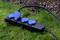 Een zwarte stekkerdoos met blauwe kappen en een aangesloten kabel ligt op nat gras.